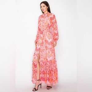 Coral Combo Floral Print Button Down Closure Tie Maxi Dress